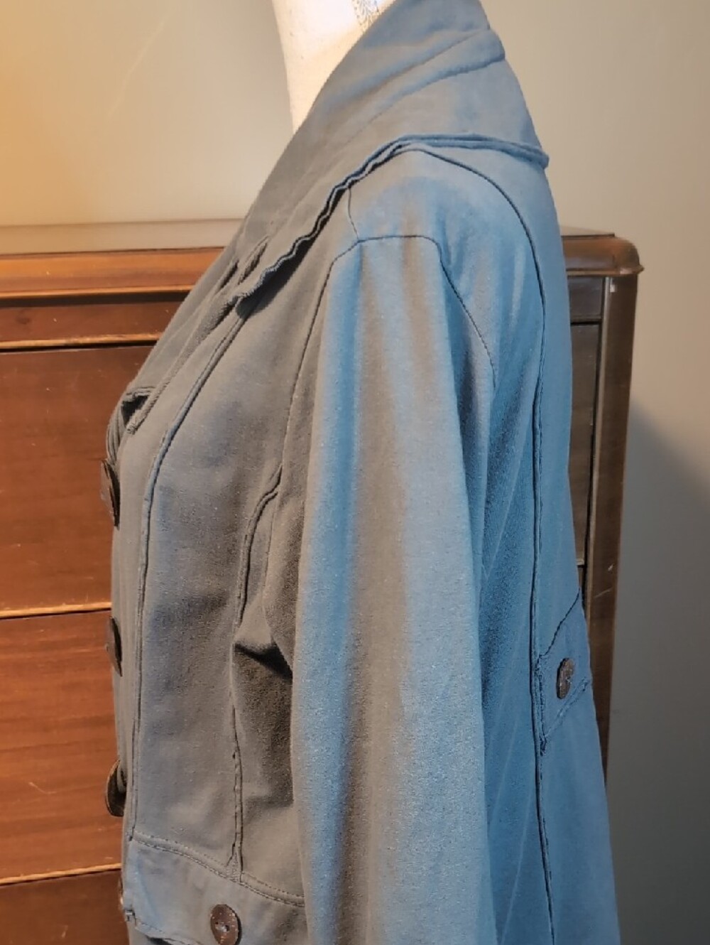 Neon Buddha Sage Green Gray Long Length Yoga Stretch Jacket Wooden Buttons XL - Picture 6 of 16